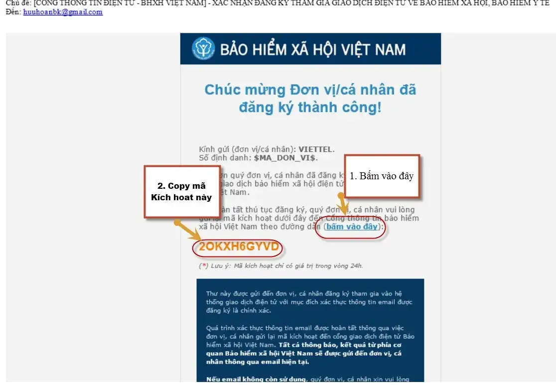 Email BHXH Việt Nam gửi mã kích hoạt giao dịch điện tử Email BHXH Việt Nam gửi mã kích hoạt giao dịch điện tử