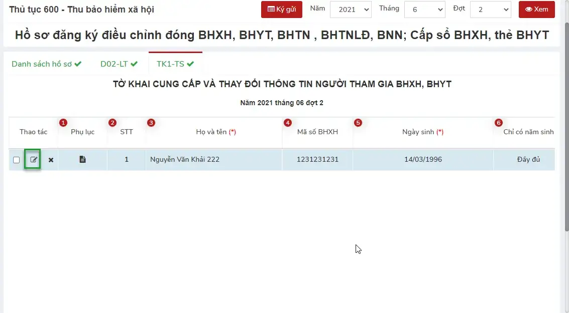 Màn hình nhập tờ khai TK1-TS Màn hình nhập tờ khai TK1-TS