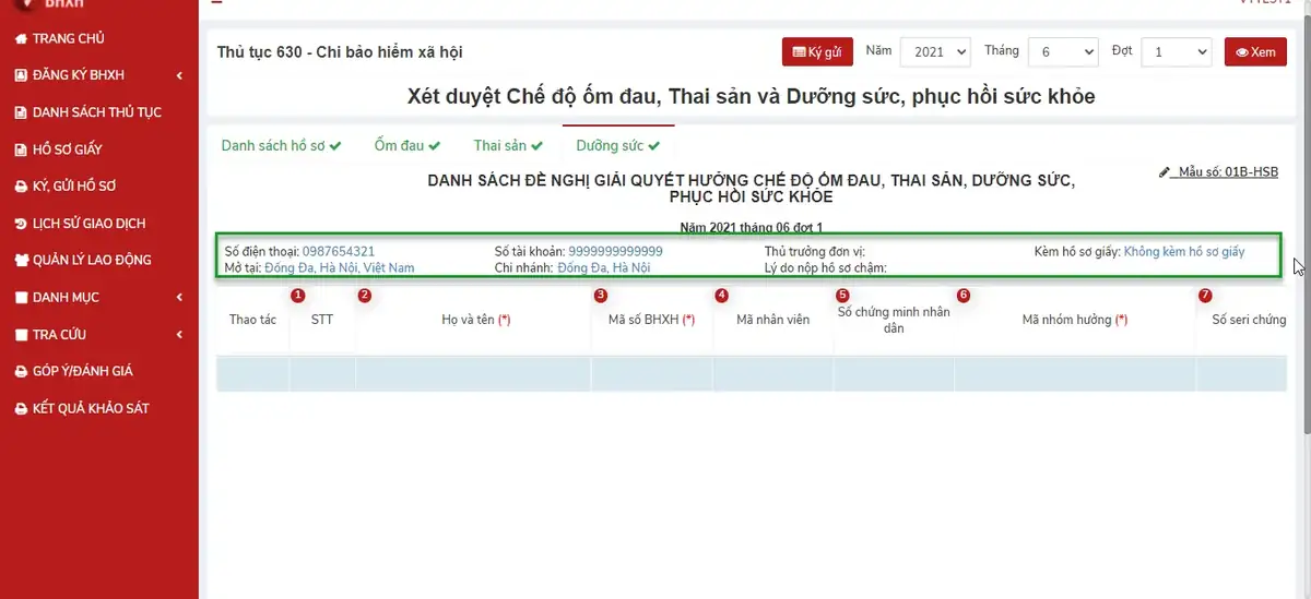 Nhập hồ sơ dưỡng sức thủ tục 630c Nhập hồ sơ dưỡng sức thủ tục 630c