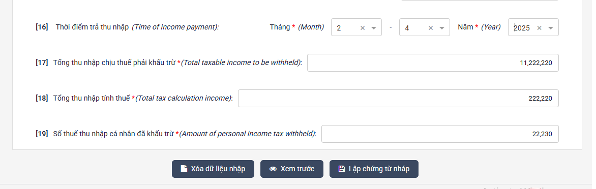 Xem trước và lưu nháp chứng từ TNCN Viettel