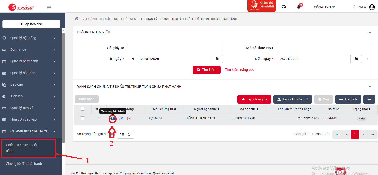 Xem và phát hành chứng từ khấu trừ thuế TNCN Viettel