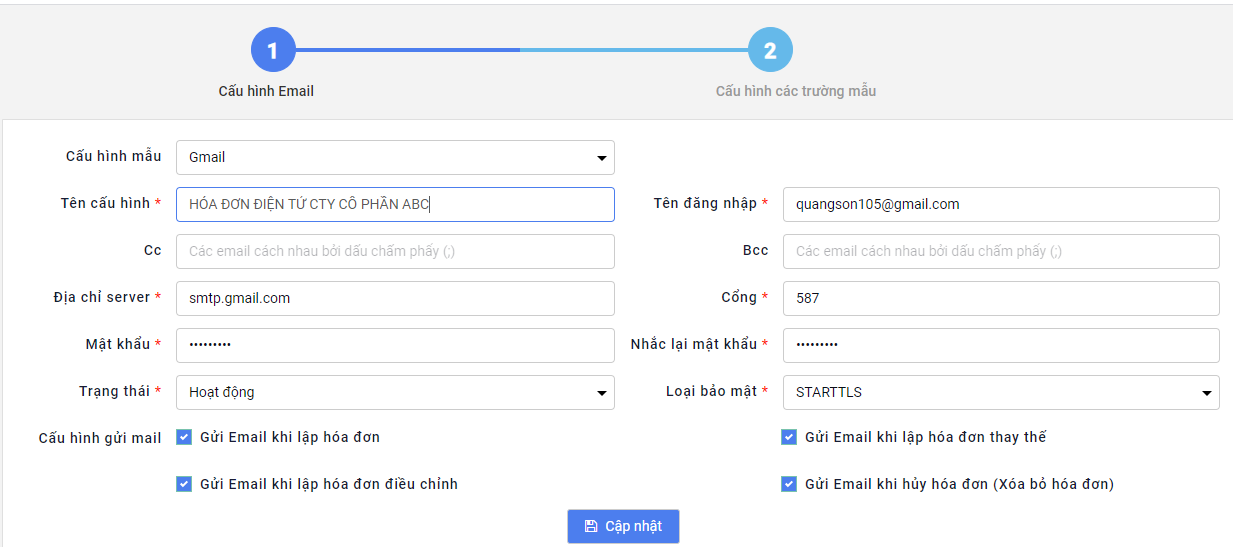 Hướng đẫn cấu hình gửi Email trên HDDT Vinvoice Viettel Hướng đẫn cấu hình gửi Email trên HDDT Vinvoice Viettel